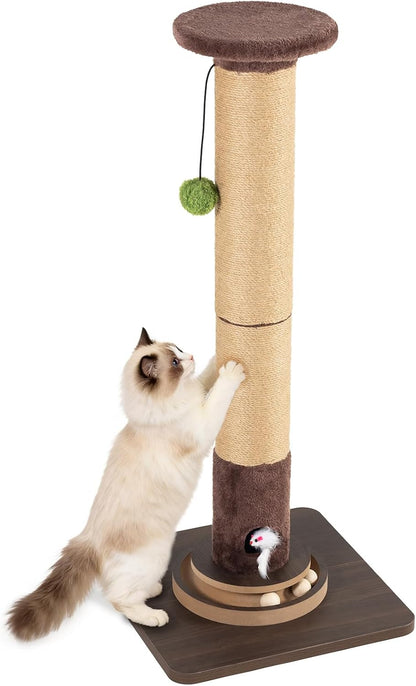35.4" Tall Sisal Cat Scratching Post, Anti-Tip Stable Base, Interactive Mouse Hole & Toys, Furniture Grade Wood Cat Scratcher Tower for Indoor Cats1