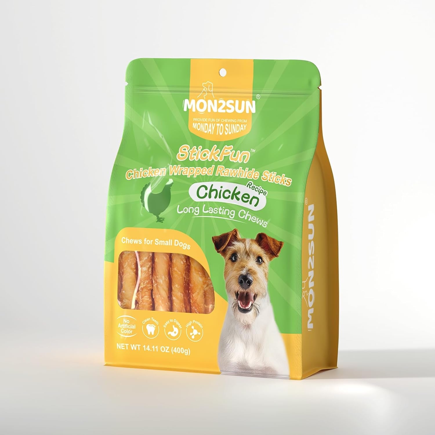 mon2sun-dog-treats-5-inch-chicken-wrapped-rawhide-sticks-14-11-oz-long-lasting-chew-engagement-dental-friendly-chewing-support-sized-for-puppies-and-small-dogs