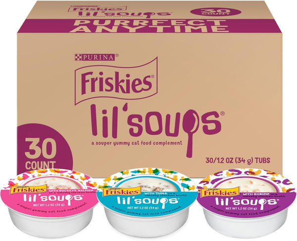 Friskies Purina Grain Free Wet Cat Food Lickable Cat Treats Variety Pack, Lil' Soups with Salmon, Tuna or Shrimp - (Pack of 30) 1.2 Oz. Cups1