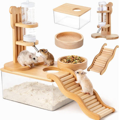 4 Pcs Hamster Cage Accessories Water Bottle Set,Rectangle | Hamster Sand Bath Box Feeding Bowl Climbing Toy Wooden Ladder Bridge Set for Rat Mice Small Animals Habitat Decor Enrichment1