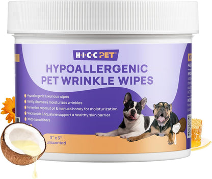 HICC PET Wrinkle Wipes for Dogs | Deep Fold Cleaning Wipes for Facial Folds | Helps Clean Dirt, Tear Residue for Tail Pockets & Skin Folds | Gentle for Bulldogs, French Bulldogs & Pugs | 100 Count1