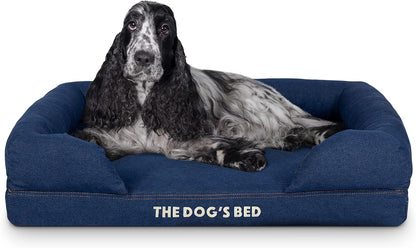 The Dog’S Bed Orthopedic Memory Foam Dog Bed with Bolsters for Large Dogs, High Density Support Mattress, Low Front Entry, Removable Washable Cover, Oxford Fabric, Blue with Dark Red Trim, Large34