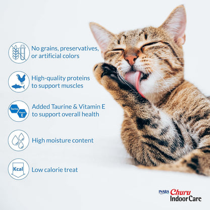 INABA Churu Indoor Care for Hairball Control, Functional Lickable Cat Treat with Taurine & Green Tea Extract, 0.5Oz Each, 24 Tubes Total, Tuna Recipe7