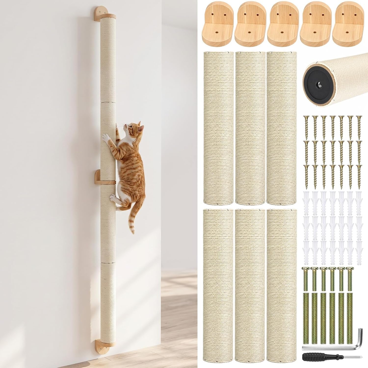 84-tall-wall-mounted-cat-scratcher-post-cat-wall-shelves-furniture-6-pcs-14-inch-sisal-climbing-poles-with-5-brackets-kitten-modular-scratch-tower-space-saving-pet-supplies
