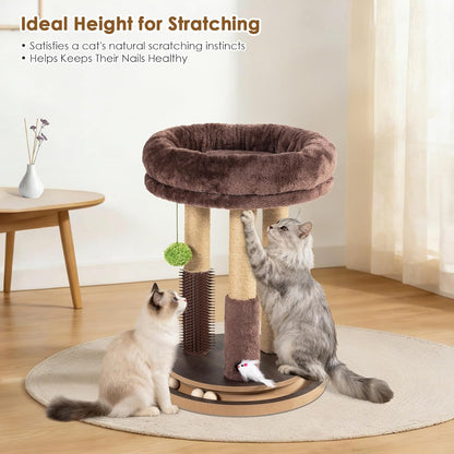 22 Inch Heavy-Duty Cat Scratching Post with Cozy Plush Bed, 3 Sisal Scratching Posts, Interactive Cat Scratcher with Grooming Brush, Hanging Pom-Pom, Track Balls & Mouse Toy for Indoor Cats5