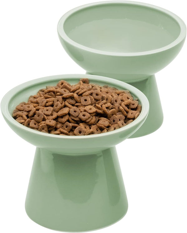 CEEFU 2-Pack Elevated Ceramic Cat Bowls Extra Wide for Food & Water | anti Vomiting, Whisker Friendly, Shallow Food Dish and Deep Water Bowl, Lead&Cadmium-Free, Raised Height for Cats, Sage Green1