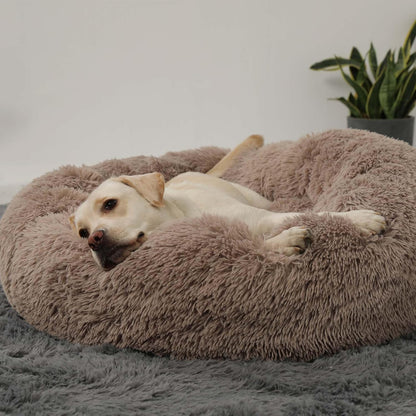 HACHIKITTY Calming Donut Cuddler Dog Bed, round Fluffy Pet Bed with Sewn-In Cushion for Large Dogs,Washable, Large, Taupe, 30''5