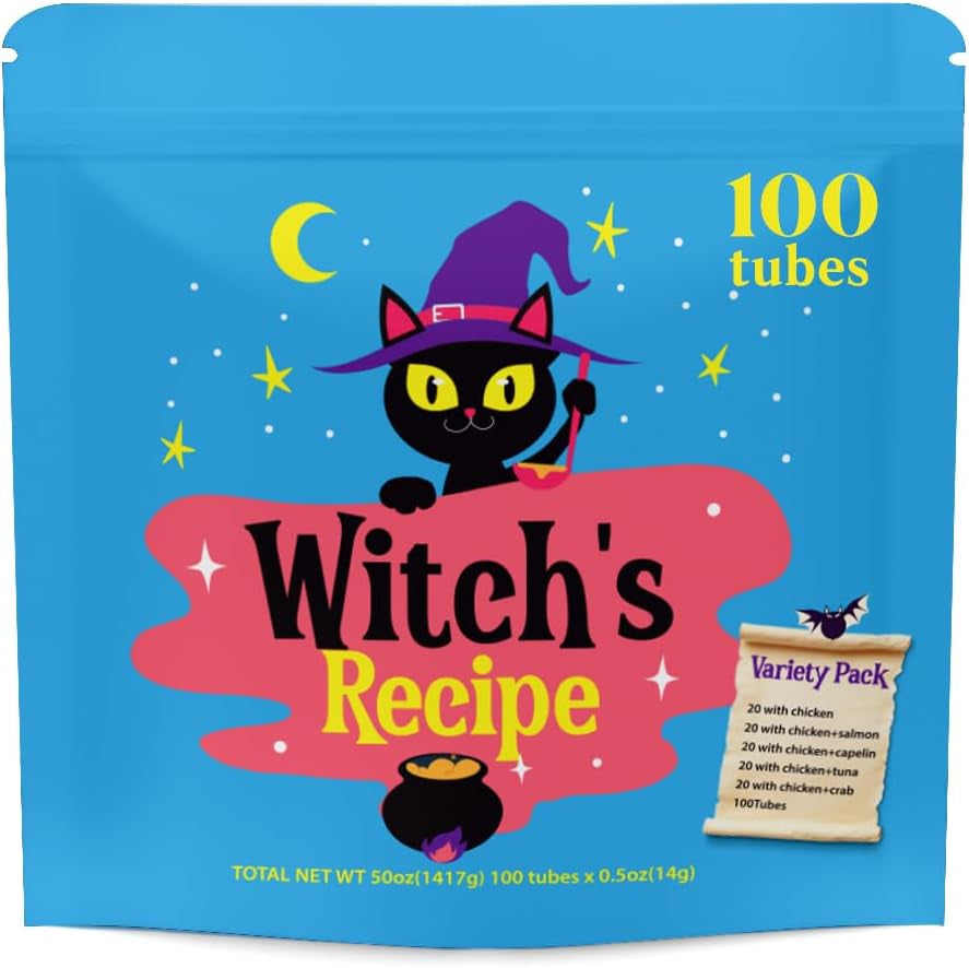 witchs-recipe-lickable-cat-treats-creamy-squeezable-puree-grain-free-100-tubes-chicken-tuna-salmon-goatmilk-capelin-flavors-0-5oz-each-tube