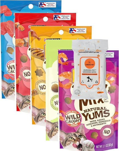 (5 Pack) Natural YUMS Cat Treats (Salmon, Tuna, Chicken, Shrimp, Catnip) 2.1-Oz Each with Aurorapet Wipes1