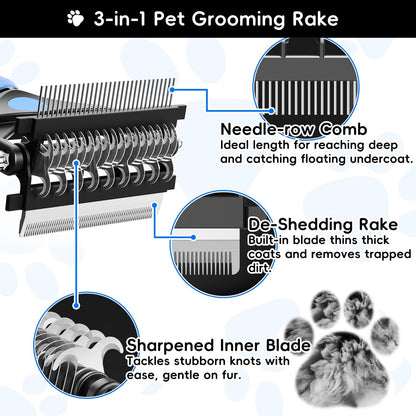 3-In-1 Professional Pet Grooming Brush for Dogs & Cats – Dematting Comb, Undercoat Rake & Deshedding Tool for Long & Short Hair, Heavy Shedding & Matted Fur (Blue)2