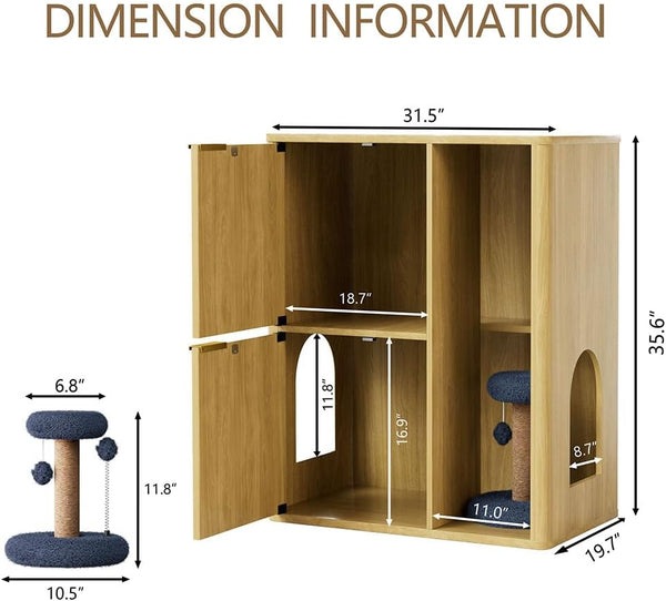 Cat Litter Box Enclosure Furniture, 2 Storey Hidden Litter Box Cabinet with Scratching Post & Storage Shelf, Fluted Modern Litter Box Enclosure for Living Room, Bedroom,Natural2