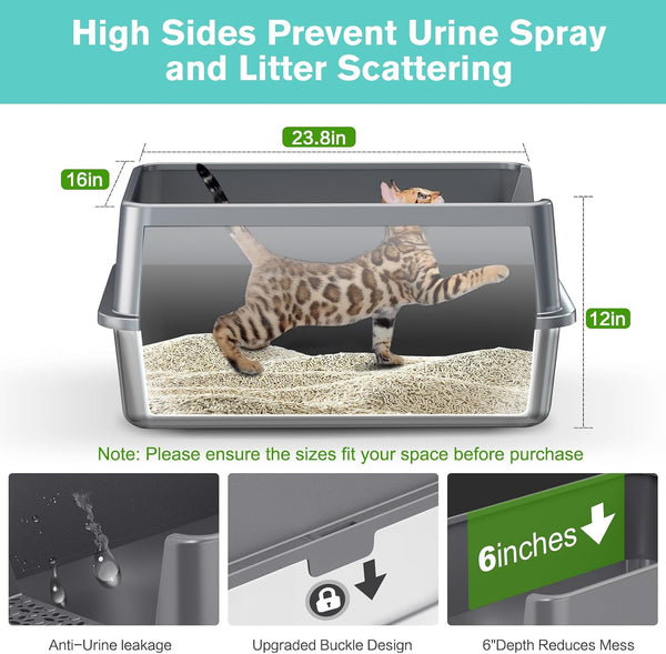 2PACK Stainless Steel Cat Litter Box with High Sides Lid, Extra Large XL Litter Box for Big Cats, Metal Kitty Litter Boxes with Anti-Leakage Enclosure,Non-Stick,Odorless,Scoop Included3
