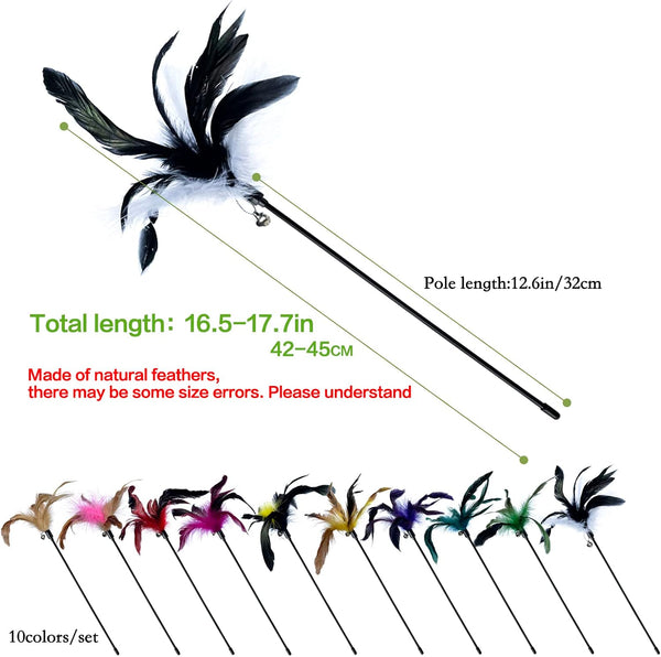 Cat Feather Wand Toys 10-Pack with Bell Indoor Kittens | Natural Feather Teaser with Bell.Interactive Wand Toy Durable Construction Withstands Active Play.2
