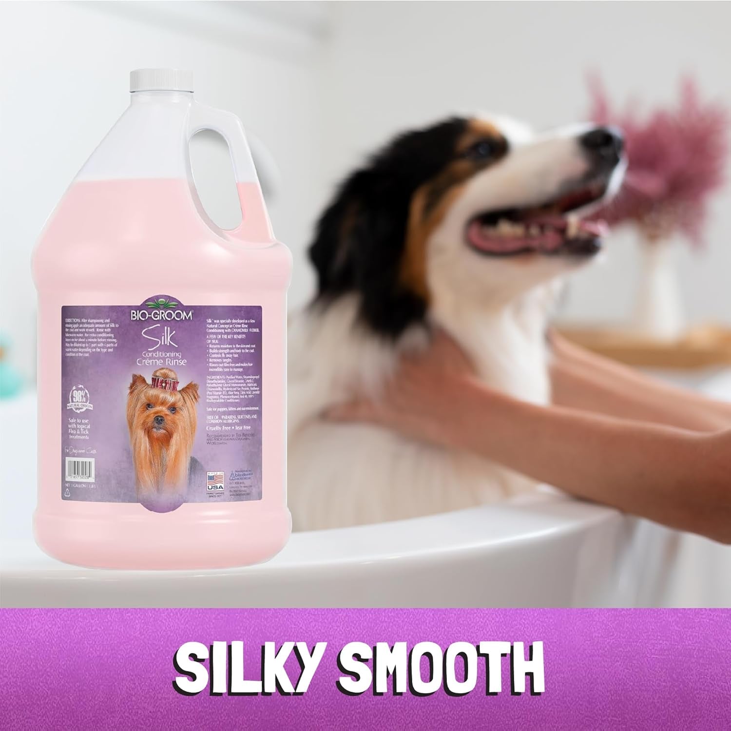 bio-groom-silk-creme-rinse-dog-puppy-conditioner-hair-detangler-for-dogs-moisturizes-skin-coat-removes-tangles-frizz-made-in-usa-1-gallon