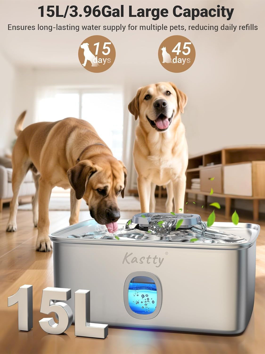 kastty-4-gal-15l-stainless-steel-dog-water-fountain-for-large-dogs-dog-water-bowl-dispenser-triple-filtration-ultra-quiet-automatic-pet-water-fountain-with-water-level-window-led-lightfs76