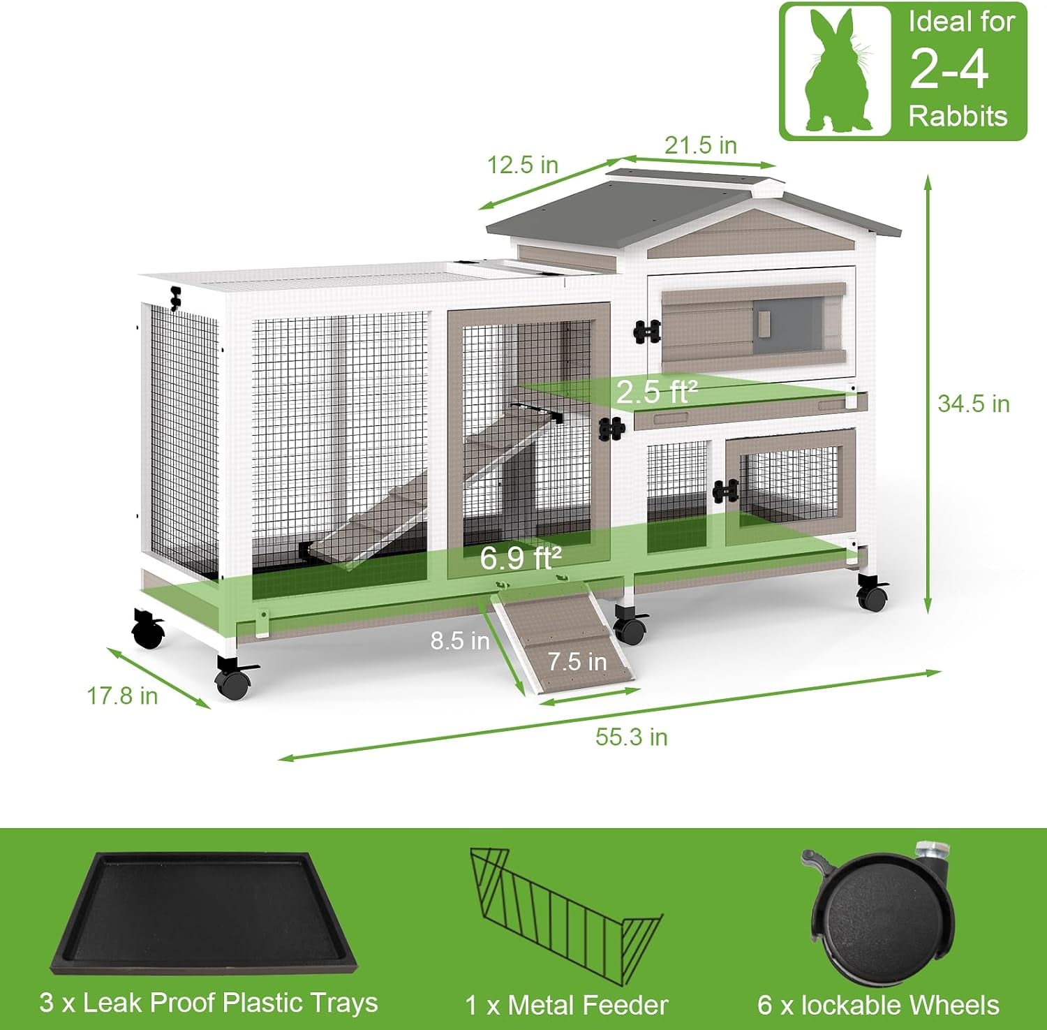 2-story-rabbit-hutch-outdoor-indoor-wooden-bunny-cage-with-6-lockable-wheels-3-removable-no-leakage-pull-out-trays-chew-proof-ramp-waterproof-roof-ideal-for-rabbit-guinea-pig
