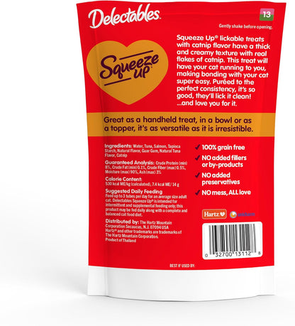 Delectables Squeeze up Creamy Squeezable Puree, Lickable Wet Cat Treats, Grain Free, No Added Fillers, No By-Products, No Added Preservatives, 0.5 Ounces Tube Tuna & Salmon with Catnip, 32 Tubes Total6