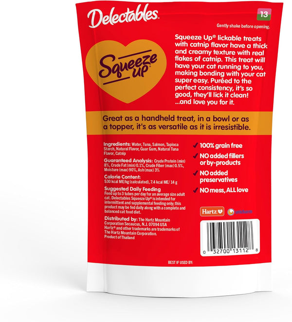 Delectables Squeeze up Creamy Squeezable Puree, Lickable Wet Cat Treats, Grain Free, No Added Fillers, No By-Products, No Added Preservatives, 0.5 Ounces Tube Tuna & Salmon with Catnip, 32 Tubes Total6