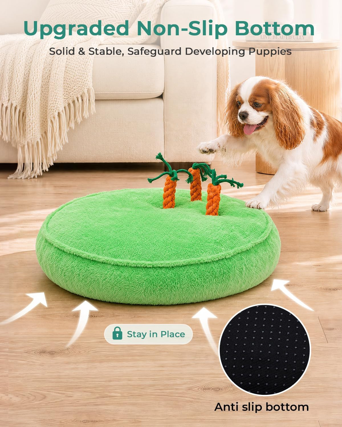 ksiia-puppy-bed-for-small-dogs-28-inch-washable-calming-plush-round-dog-bed-with-carrot-chew-toy-orthopedic-support-anti-anxiety-non-slip-base-for-puppies-cats-green