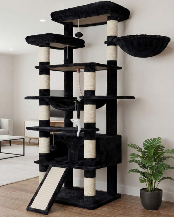 Heybly Cat Tree, 71-Inch-Tall Tower for Indoor Cats with 2 Perches HCT034W | Large Cat Furniture with 2 Big Condos, 2 Hammocks, Basket, Scratching Pad, Multi-Level Cat Condo, Light Gray13