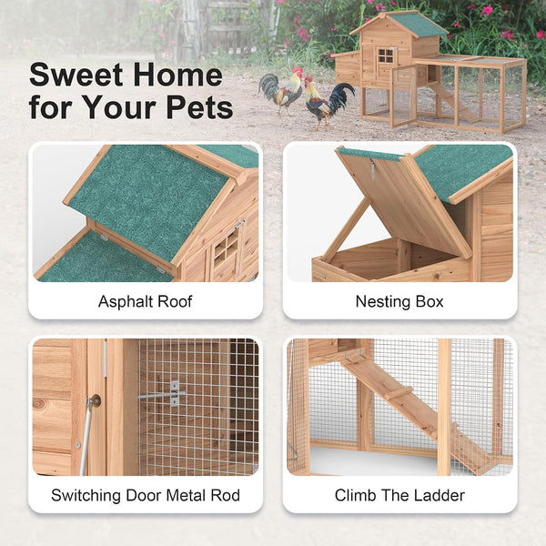 Outdoor Chicken Coop for 2-4 Chickens Wooden Hen House with Nesting Box | 80" Poultry Pet Hutch Backyard Run Cage W/ Waterproof Asphalt Roof, Ramp, Perch and Wire Fence2