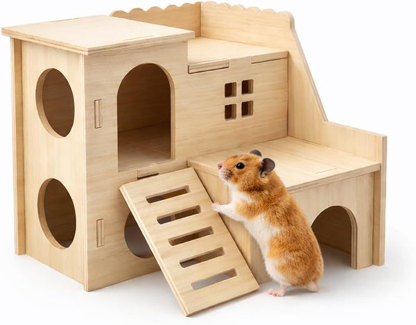 Tiny Hamster Maze Wood House Fun Slide House Double-Decker Hut for Dwarf Gerbil Mouse Mice Rat Small Animals(Only for Small Hamster)1
