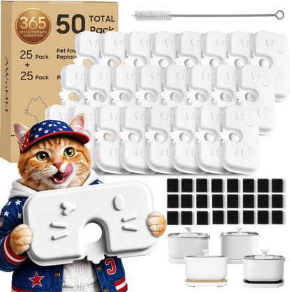 50+1 Pack Cat Water Fountain Filters Compatible with PETLIBRO Dockstream Water Fountain PLWF106/116/115/105/005, 1-Year Set of Replacement Filters (25 Filters + 25 Sponges+1 Brush)1