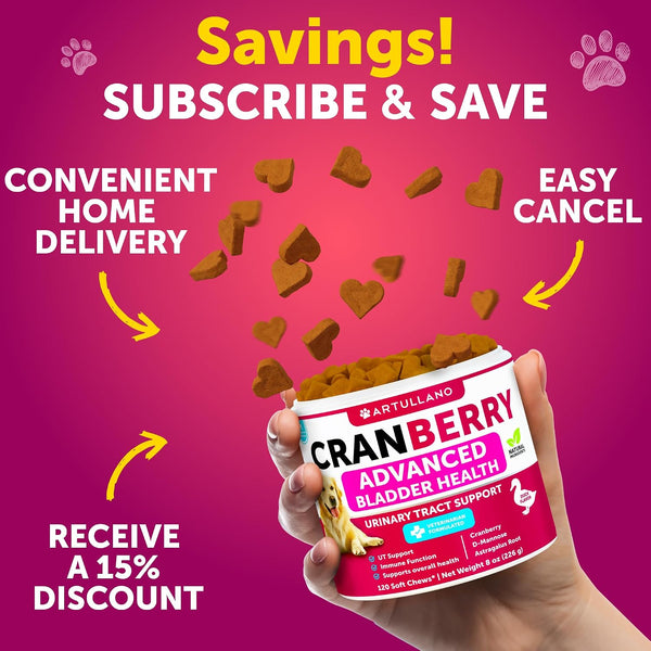 Dog UT Treats - Cranberry Chews for Dogs - Urinary Tract & Bladder Support Supplement with Natural Cranberry Extract - Tasty 120 Soft Bites for Daily Wellness with Fish Oil, Pumpkin, D-Mannose7