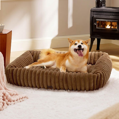 Bedsure Comfyfleece™ Cute Dog Bed for Small Medium Dogs Washable,25In Cream | Furry Puppy Beds,Square Rectangle Orthopedic Corduroy Aesthetic Pet Beds,Removable Zipper Cover,Non-Slip Bottom,Up to 15 Lbs14
