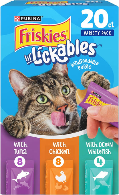 Friskies Purina Lil’ Lickables with Chicken, with Tuna or with Ocean Whitefish Variety Pack Lickable Cat Treats - 10 Oz (Pack of 20)1