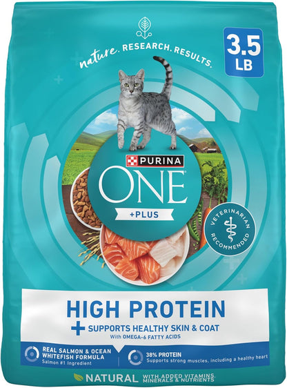 Purina ONE plus High Protein Cat Food Dry Salmon and Ocean Whitefish Cat Skin and Coat Health Formula - 3.5 Lb. Bag1