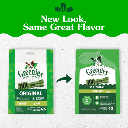 Greenies Teenie Original Natural Dental Dog Treats, Chicken, 43 Count | Clinically-Proven, Veterinarian-Recommended, 47% Less Tartar & 40% Less Plaque in 28 Days, for Dogs 5-15 Lbs, 12 Oz. Pack2