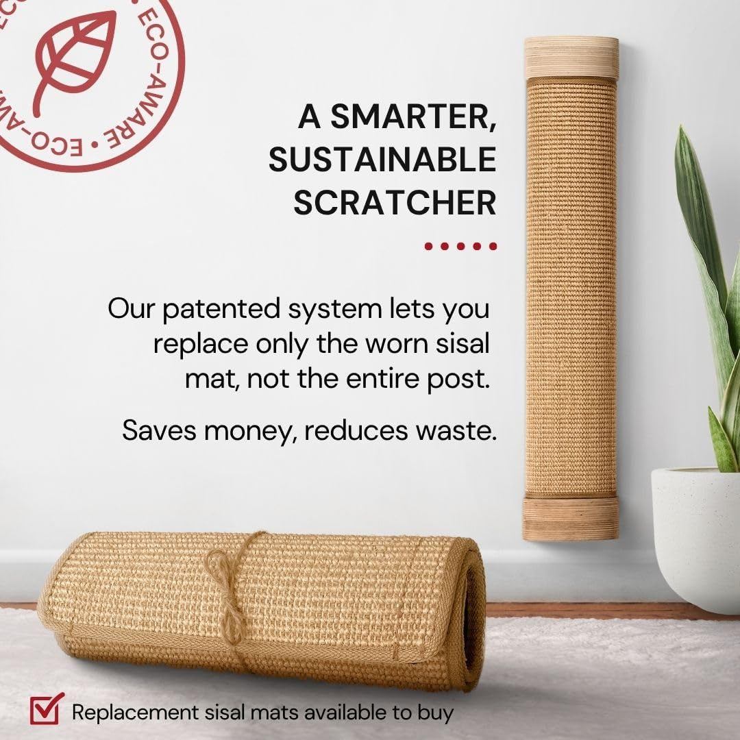 7-ruby-road-wall-mounted-cat-scratcher-replaceable-sisal-scratching-post-for-indoor-cats-large-breeds-29-5-tall-solid-pine-with-natural-woven-sisal-no-glue-or-staples-easy-wall-mount