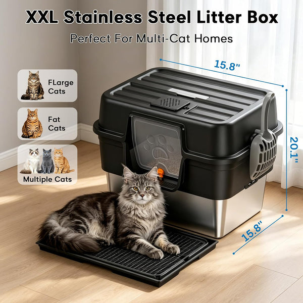 Stainless Steel Enclosed Litter Box for Large Cats, XXL Covered Cat Litter Box with Lid, Leakproof High Sided Metal Cat Litter Box, Easy to Clean, Odor Resistant, Multi-Cat Home(Black)3