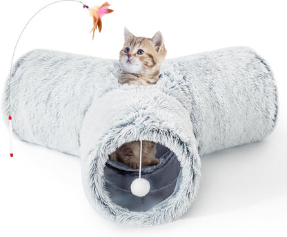Tempcore Pet Cat Tunnel Tube Toys 3 Way Collapsible, Tunnels for Indoor Cats, Interactive Tube with Teaser Wand, Peek Holes & Hanging Ball, Black & Blue25