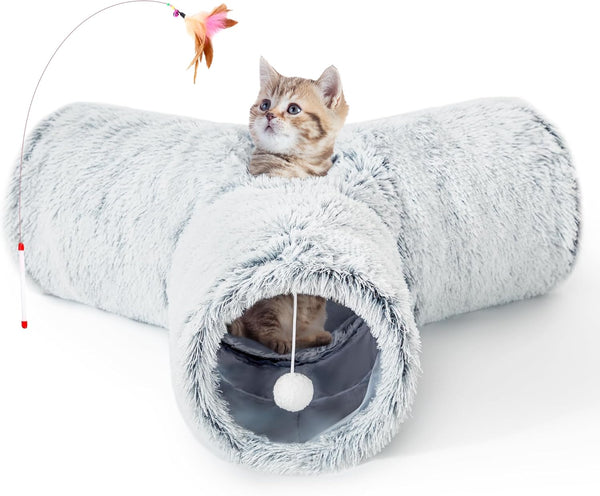 Tempcore Pet Cat Tunnel Tube Toys 3 Way Collapsible, Tunnels for Indoor Cats, Interactive Tube with Teaser Wand, Peek Holes & Hanging Ball, Black & Blue25
