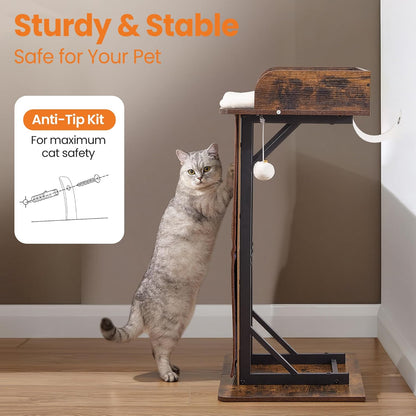 Modern Wood Cat Tree Tower for Indoor Large Adult Cats with Big Perch Bed | 33.8In Tall Wooden Cat Trees with Platform, Cat Scratching Pads, Washable Cushions, Cat Furniture for Window, Rustic Brown7