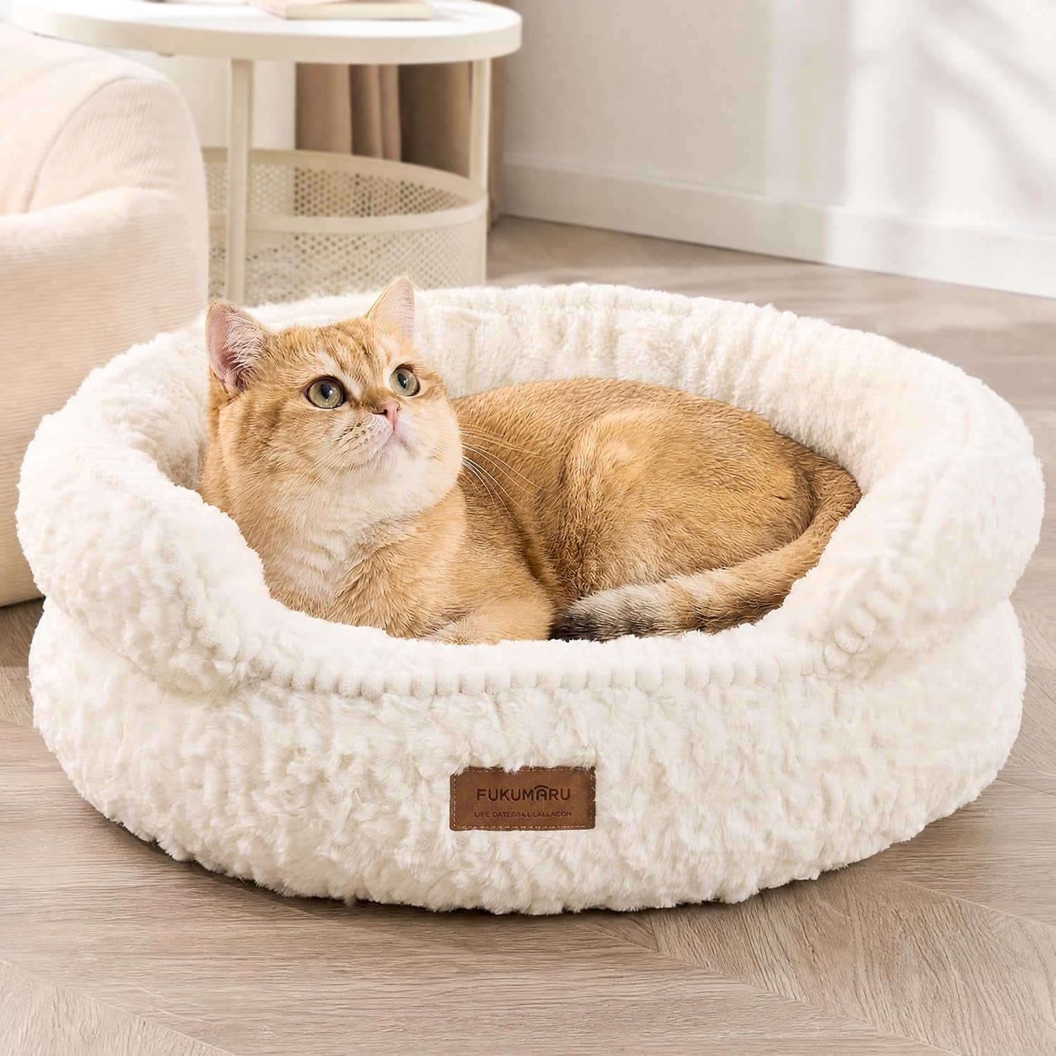fukumaru-round-cat-bed-plush-washable-calming-dog-bed-with-low-entry-raised-bolster-small-dog-bed-soft-cozy-donut-cat-bed-for-indoor-cats-faux-rabbit-fur-anti-slip-bottom-20-inch-brown
