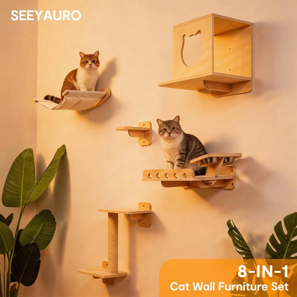 8-In-1 Cat Wall Shelves for Large Cats, Wall Mounted Cat Furniture with Feeding Station&Extra Wide Hammock, Heavy Duty Cat Climber for Indoor Cats to Sleep Play & Eat, 44Lbs Capacity, Wood2