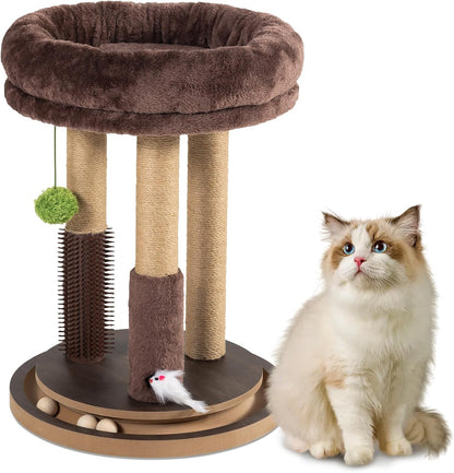 22 Inch Heavy-Duty Cat Scratching Post with Cozy Plush Bed, 3 Sisal Scratching Posts, Interactive Cat Scratcher with Grooming Brush, Hanging Pom-Pom, Track Balls & Mouse Toy for Indoor Cats1