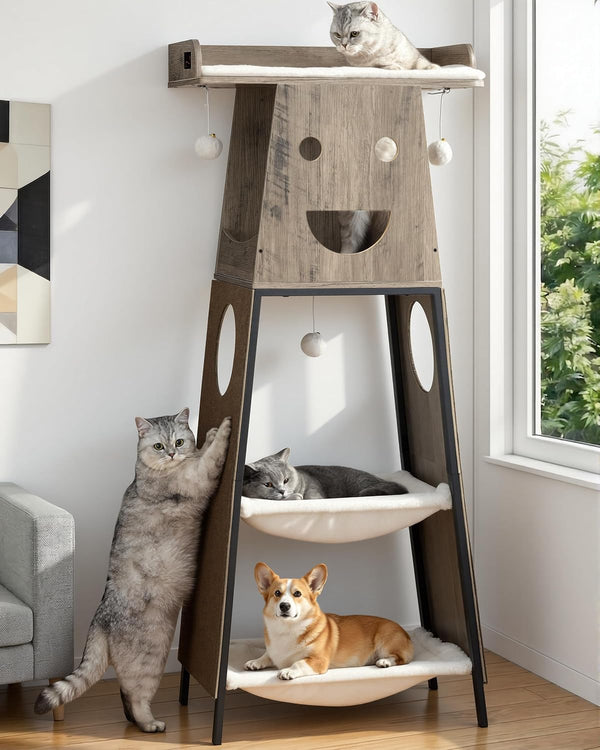 Modern Wood Cat Tree Tower for Indoor Large Adult Cats with Big Perch Bed | 33.8In Tall Wooden Cat Trees with Platform, Cat Scratching Pads, Washable Cushions, Cat Furniture for Window, Rustic Brown16