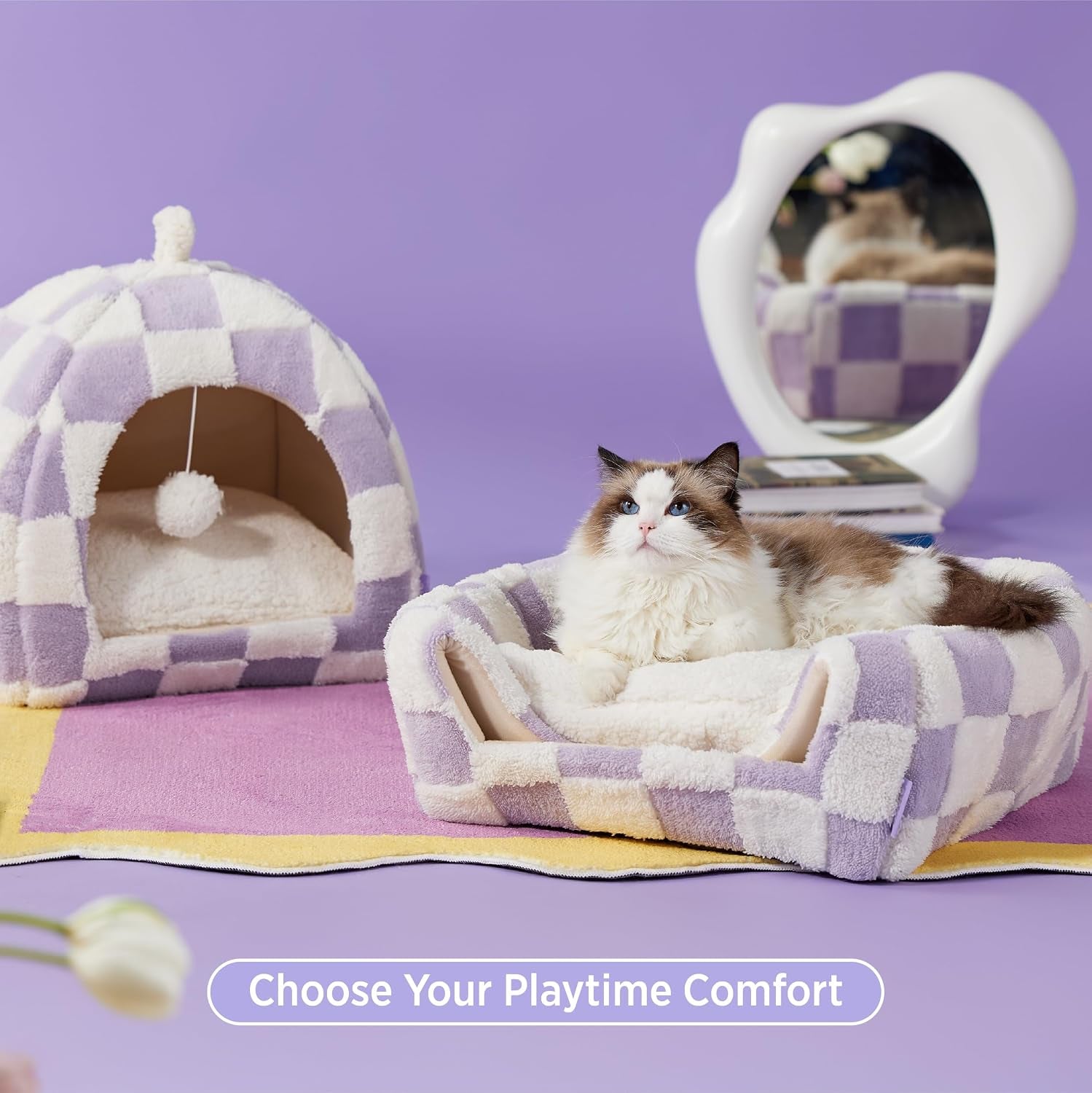 lesure-2in1-cute-cat-house-for-kitten-with-washable-cushioned-pillow-16in-cat-beds-for-indoor-cats-small-pet-cave-tent-cozy-enclosed-foldable-hideaway-fluffy-ball-anti-slip-bottom-hand-strap-purple