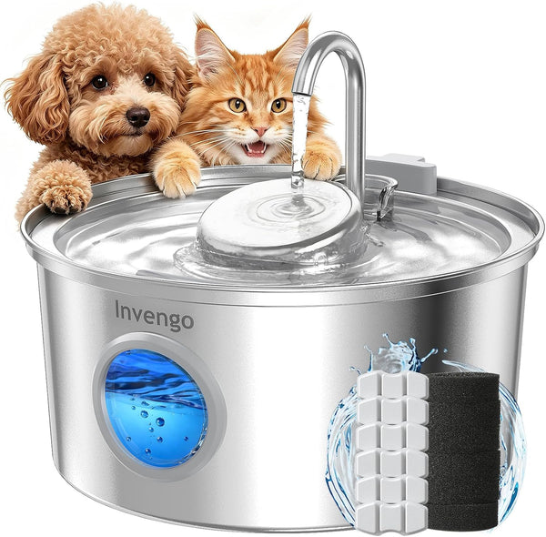 Invengo Cat Water Fountain Stainless Steel, 108Oz/3.2L Pet Fountain with Large Water Level Window, Ultra Quiet Automatic Cat Water Dispenser for Cats and Dogs, 2 Flow Modes, Splash-Proof Design10