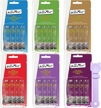 Fussie Cat Super Premium Cat Treats in Goat Milk Puree, Lickable Cat Treats,6 Packs of 4-0.5Oz Tubes, Variety Flavor Pack of 6 Flavors + Freeding Spoon1