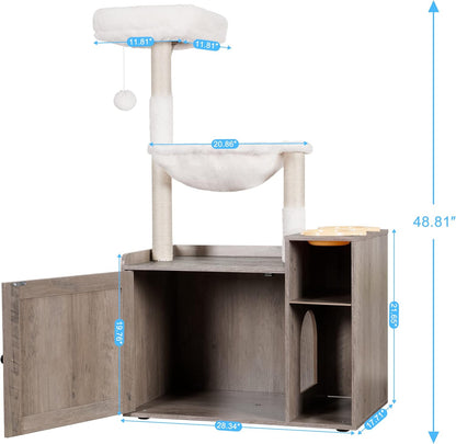 Hey-Brother Cat Tree Tower, Food Station, XL Litter Box Enclosure, MPJ101SG | 48.81 Inches Wooden All-In-One Cat Furniture, Large Hammock, Bed, Scratching Posts, Big Basket for Indoor Cats, Rustic Gray3