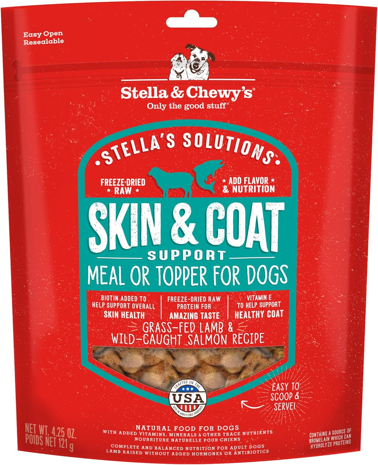 stella-chewys-stella-s-solutions-skin-coat-boost-grass-fed-lamb-wild-caught-salmon-dinner-morsels-freeze-dried-raw-protein-rich-grain-free-dog-food-4-25-oz-bag