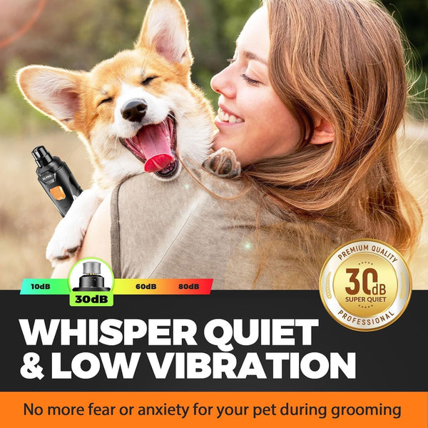 Whisper Quiet Dog Nail Grinder Safe & Stress-Free for Sensitive Dogs Cats | 4 LED Lights,3 Grinding Bits, 3-Speed, Pet Nail Trimmers, Rechargeable Painless Grooming Kit for All Breeds & Sizes2