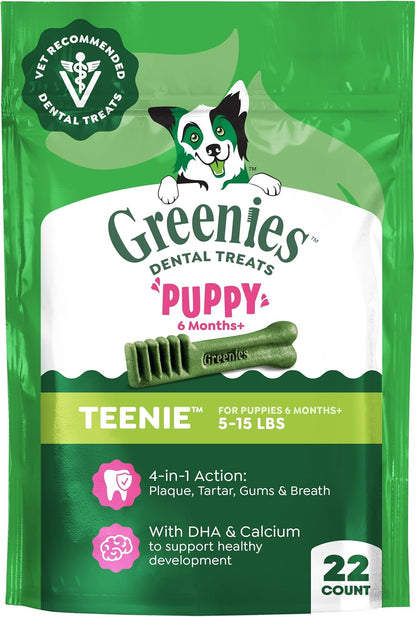 Greenies Puppy Teenie Natural Dental Dog Treats, Original Flavor, 22 Count | Veterinarian-Recommended, Natural Ingredients, Cleans Teeth & Freshens Breath, for Dogs 5-15 Lbs, 6 Oz. Pack1