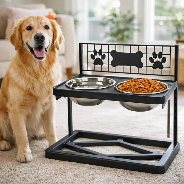 Elevated Dog Bowls Raised Pet Feeder Adjustable Dog Bowl Stand with Stainless Steel Bowls and ABS Frame, Double Dog Feeding Station with Paw Print Bone Decor for Medium Large Dogs2