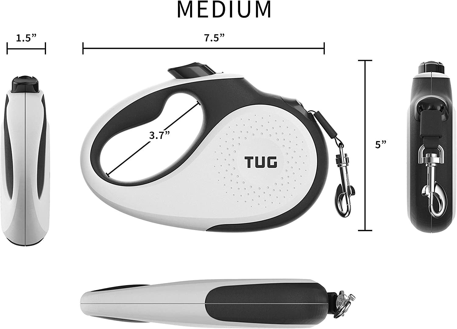 tug-360-tangle-free-retractable-dog-leash-16-ft-strong-nylon-tape-one-handed-brake-pause-lock-medium-white